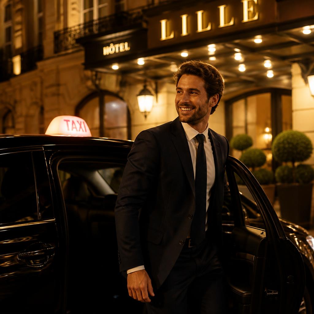 Client professionnel souriant descendant d'un taxi devant un hôtel à Lille