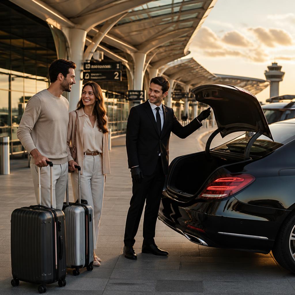 Couple souriant avec bagages accueilli par un chauffeur à l'aéroport